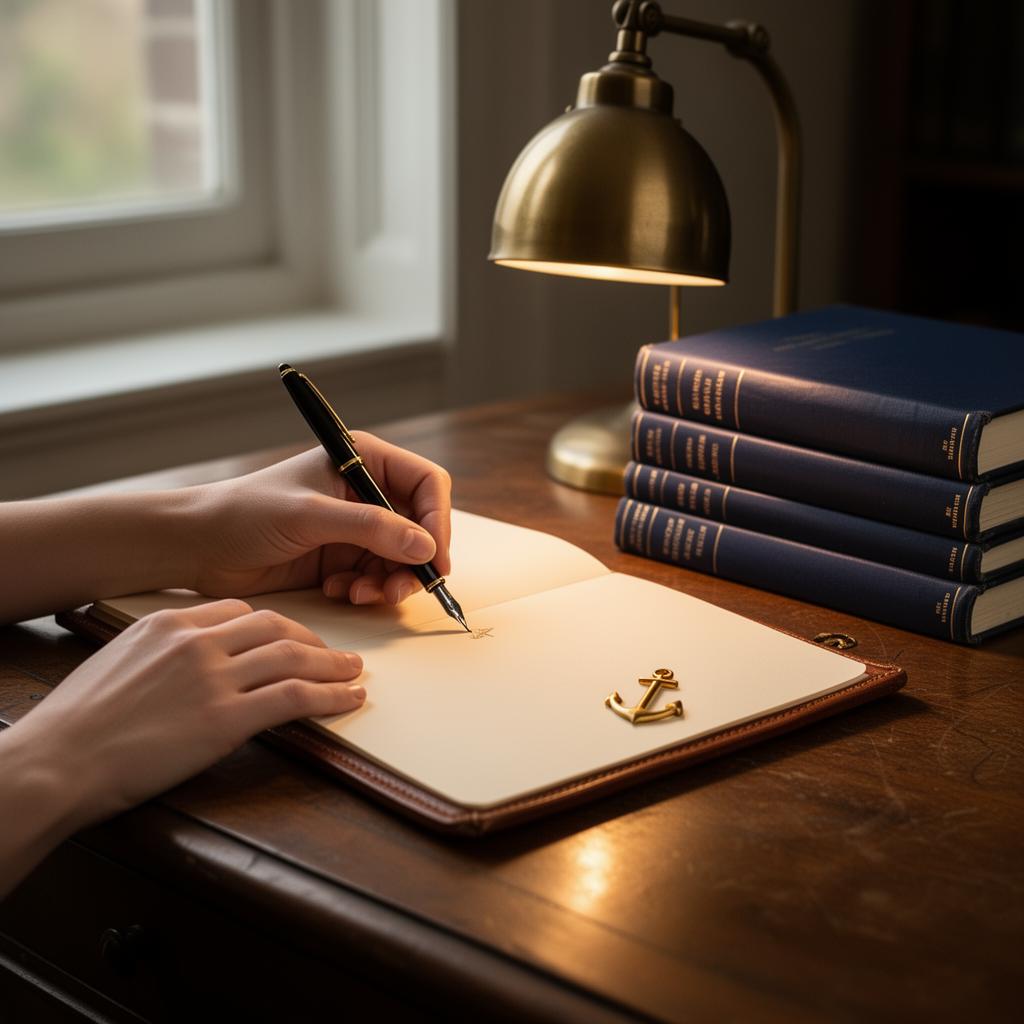 Founder of Anchored Word Publishing writing at an antique desk